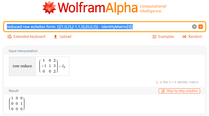 WolframAlpha result showing the reduced row echelon form of the nilpotent matrix